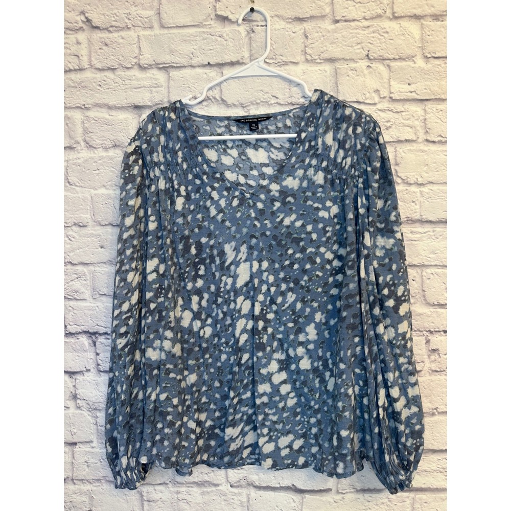 ZAC & RACHEL Woman Blue White Abstract Print Long Sleeve V Neck Blouse Top 2X